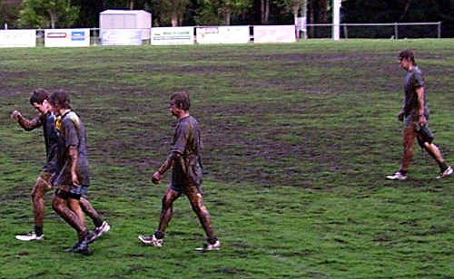 Gympie Devils under 18 players leave a muddy Crusher Park. Gympie Devils under 18 players leave a muddy Crusher Park.